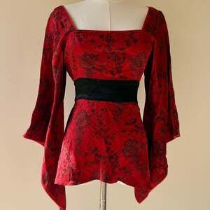 Vintage Euro Y2K Red Dragon Brocade Kimono Sleeve Top with Satin Waist Tie